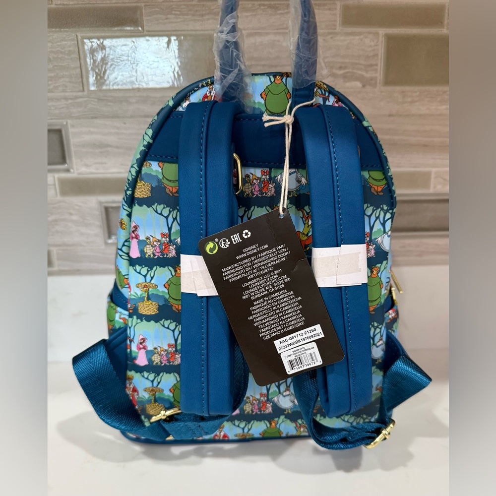 LOUNGEFLY Disney ROBIN HOOD Sherwood All Over Print Mini Backpack 🆕🆕🆕🆕 - Picture 7 of 9